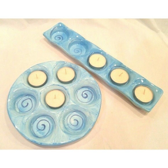 Luminessence Candles Tealight Holders Round Rectangular Set of 2 Pick Green Blue - Picture 2 of 2